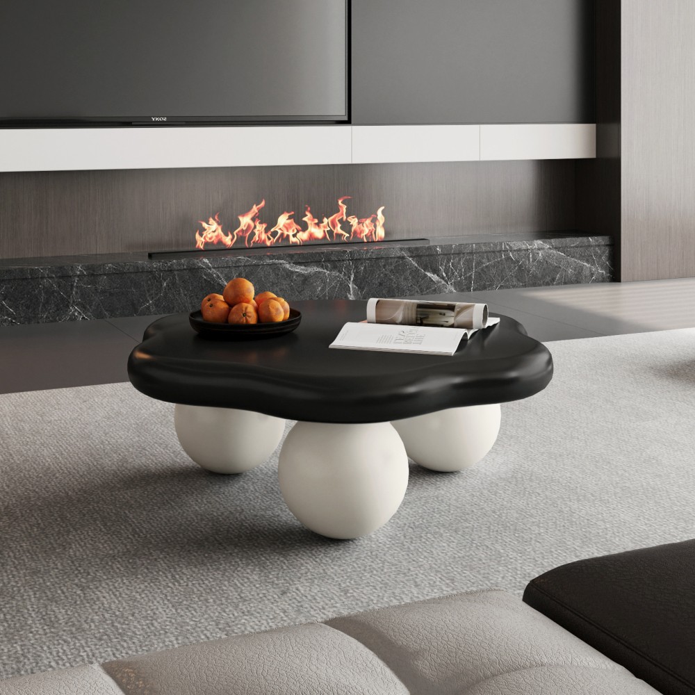 35″ Cloud Coffee Table, Petal-Shaped, Black Top White Legs, Spherical Base