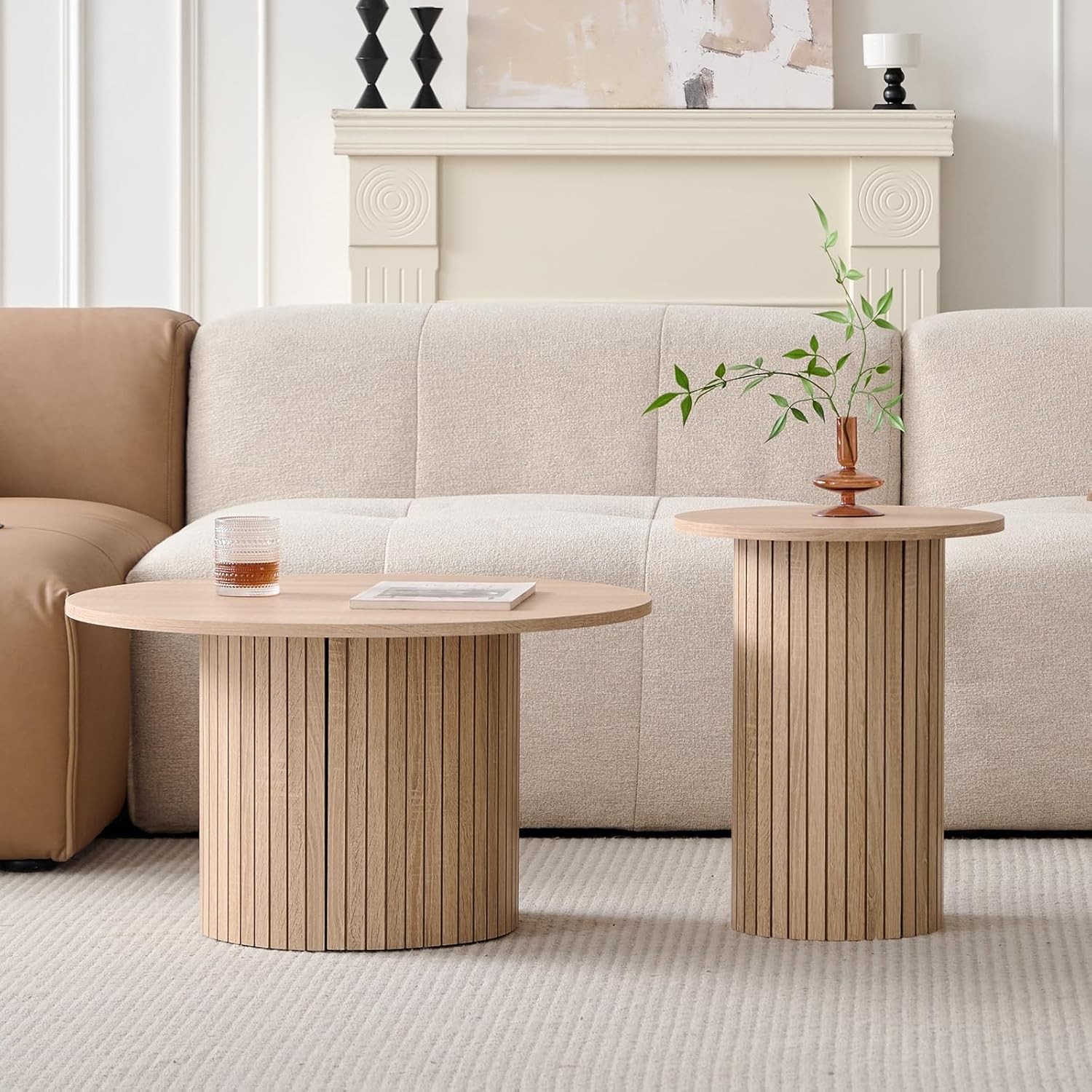 Round Nesting Coffee Tables for Living Room, Set of 2, Natural | φ27.6 + φ15.8