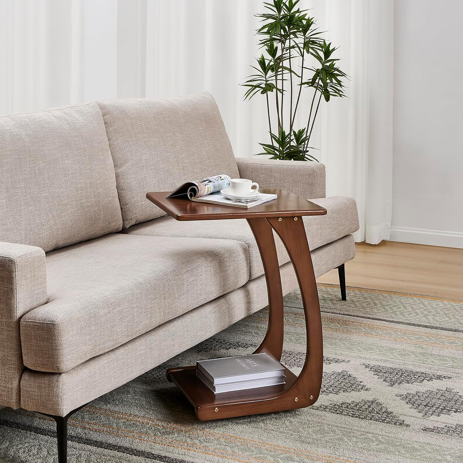 Walnut C Shaped End Table with Wheels – Versatile Side Table for Any Room
