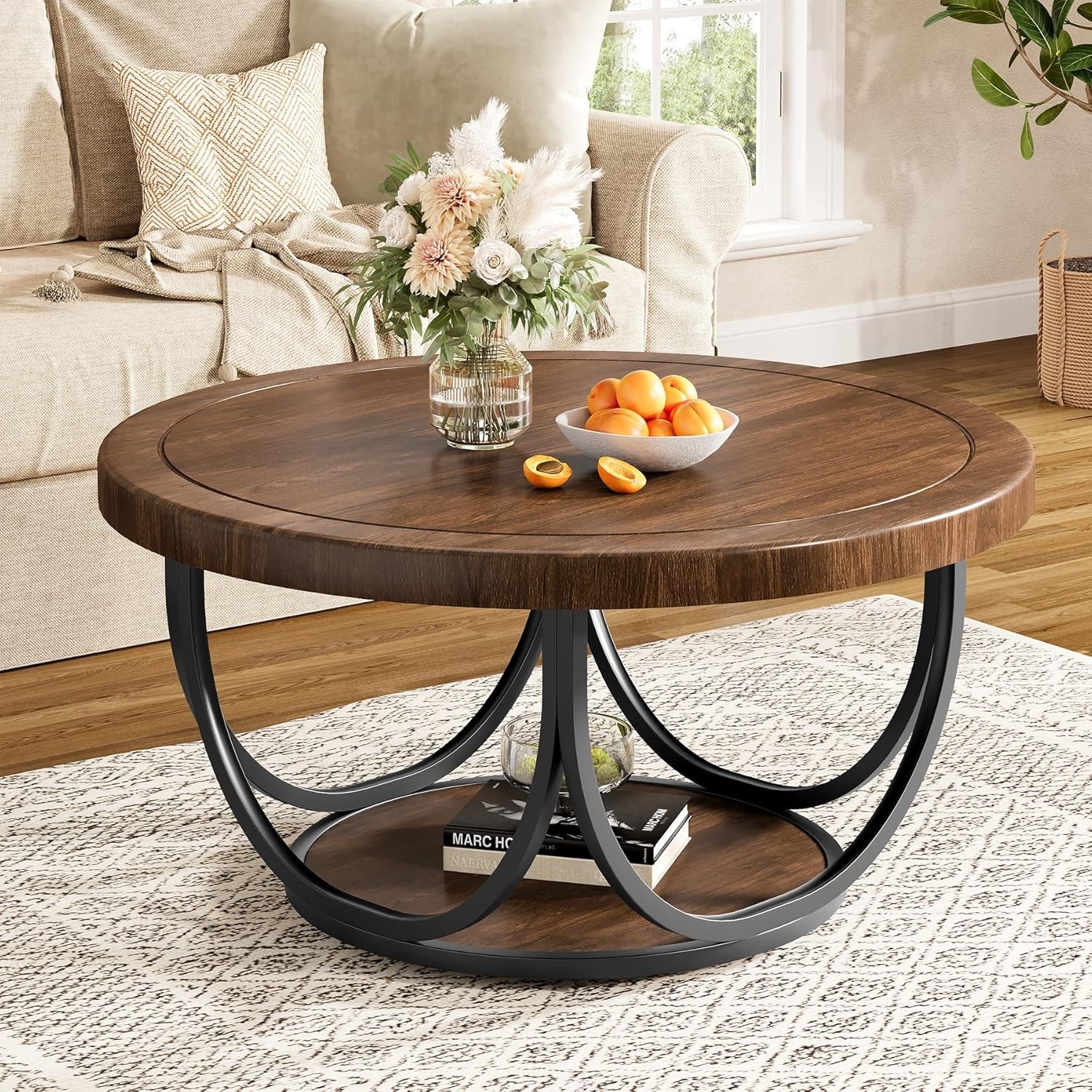 31.5” Round Coffee Table Wooden Circle Accent Cocktail Table with Storage Shelf