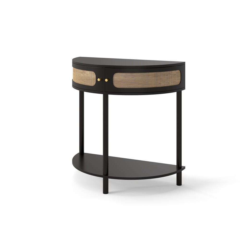 Unique Half Moon Design End Table with Sliding Rattan Door,Elegant Semi-circle
