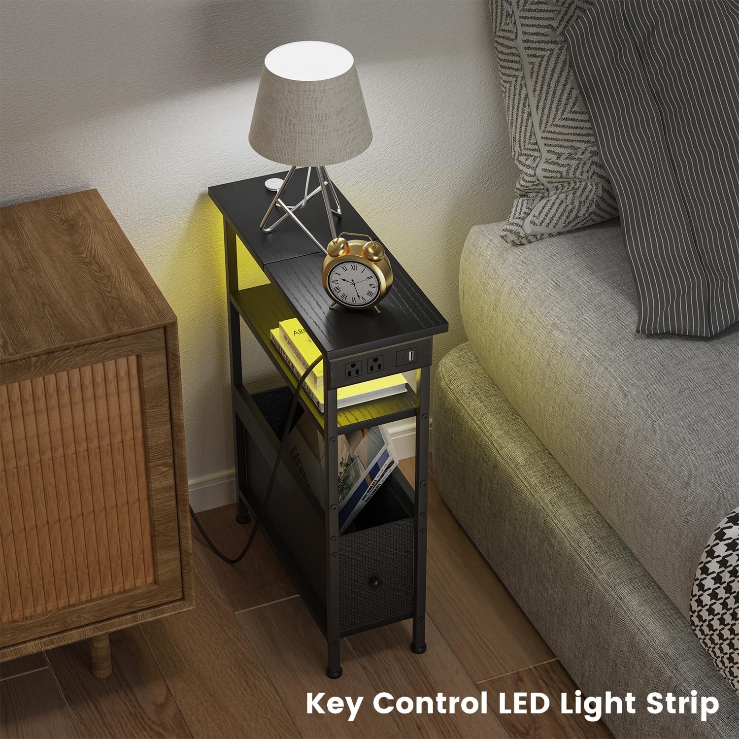 Narrow Side Table with Charging Station and LED Light, Small End Table with 1…