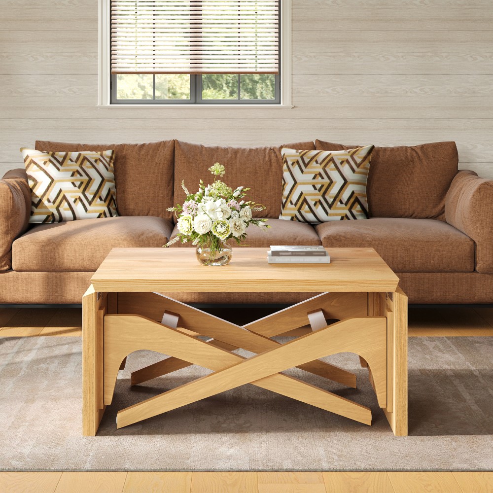 2-in-1 Natural Wood Coffee Table, Transformer to Dining Table, Height Adjustable