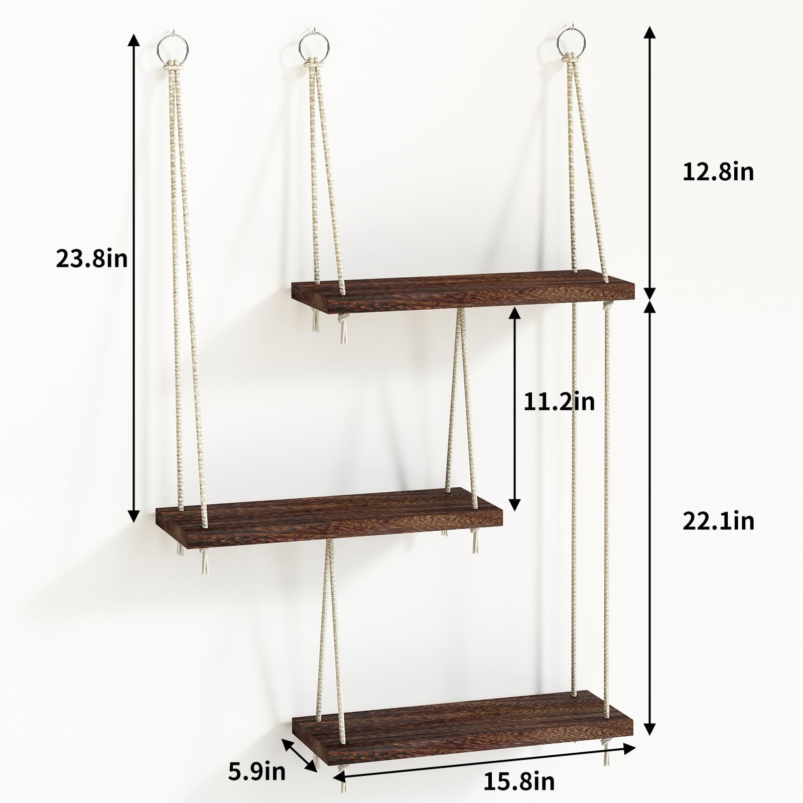 Fixwal Hanging Shelves for Wall, 3 Tier Boho 15.8×5.9×34.8 inches, Dark Brown