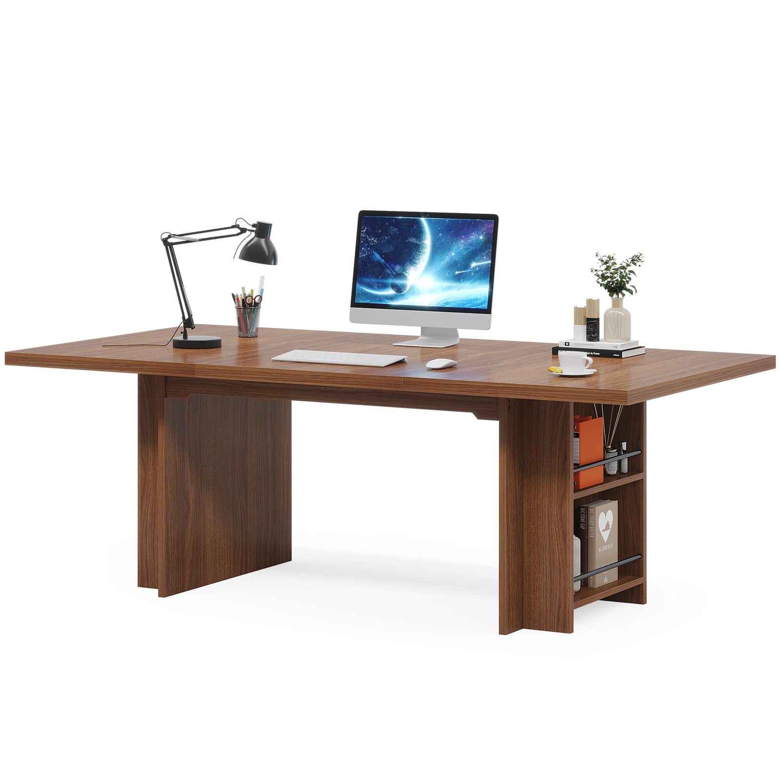 63-Inch Executive Computer Desk, Modern Wood Office Desk with Storage Shelves