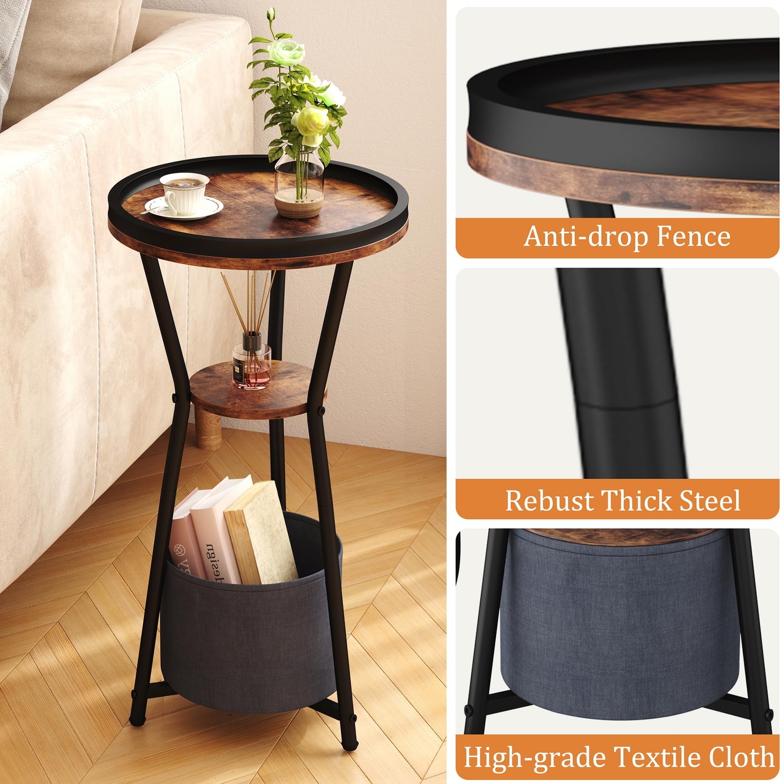 Round Side Table, Small Drink Table for Small Spaces, 3Tier Industrial End Ta…