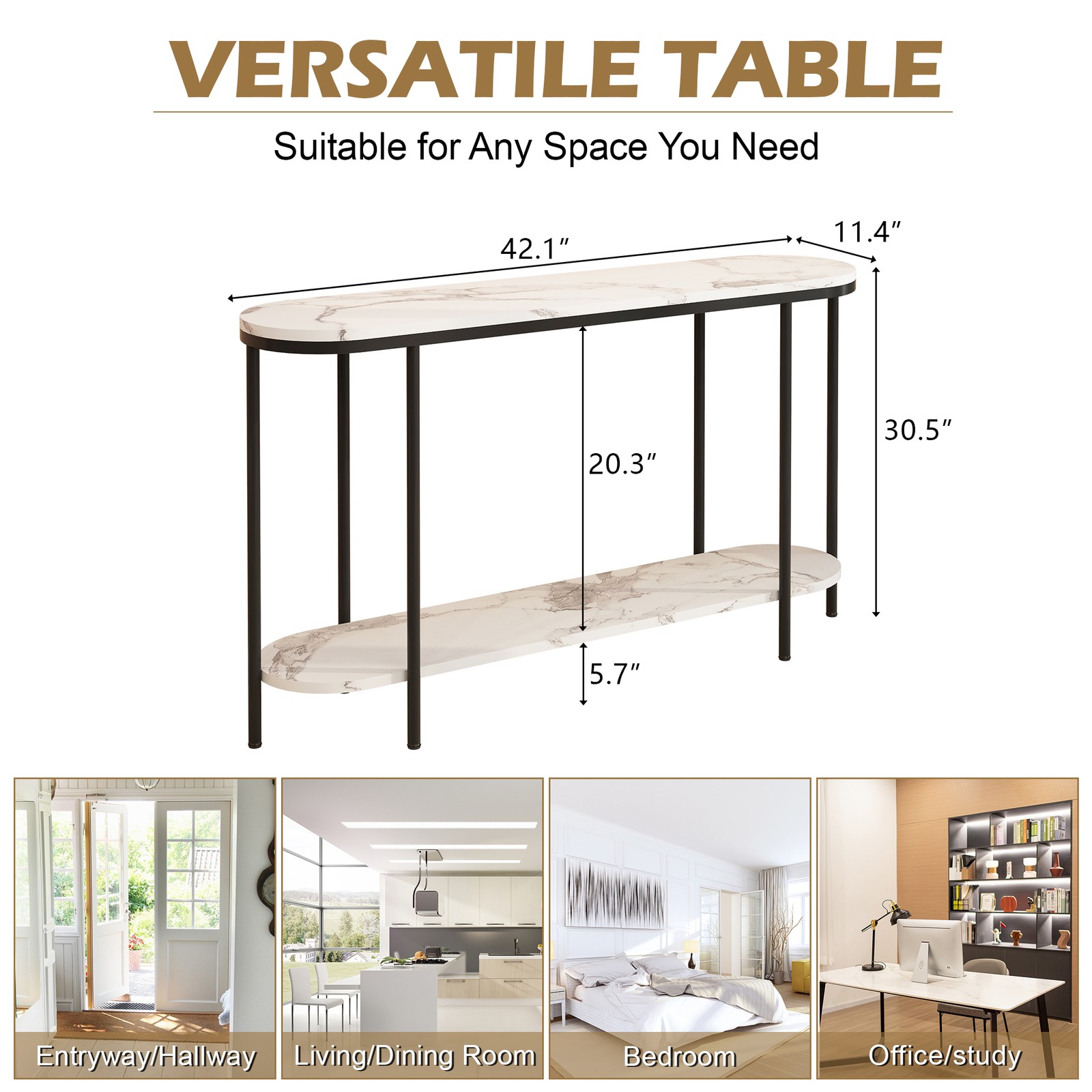 Console Table 2 Tier Entryway Table with Storage Shelf Faux Marble Narrow Table