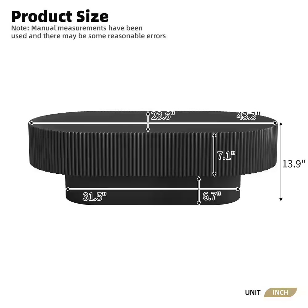 43.3 In. W Black Oval Wood Coffee Table with 6.8″ Thick Tabletop, Modern Drum En