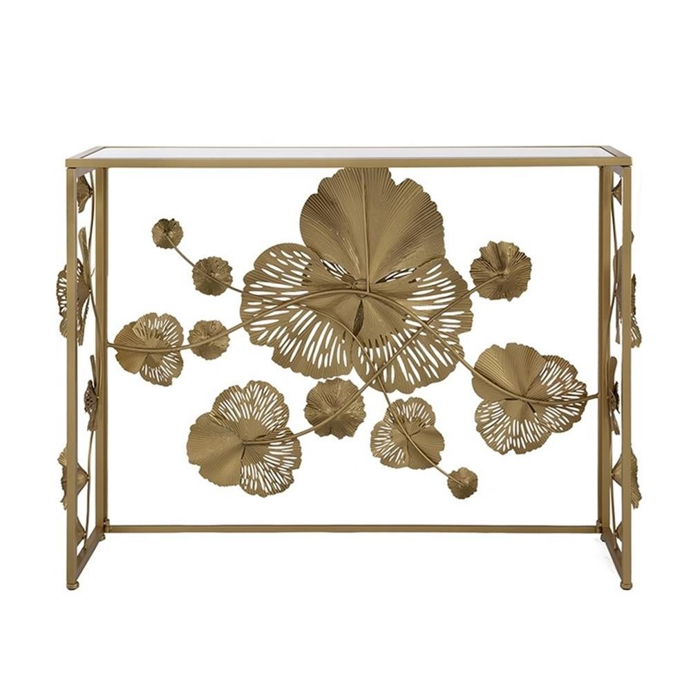 Pemberly Row 39″ Iron Console Table with Mirrored Top and Floral Design in Gold