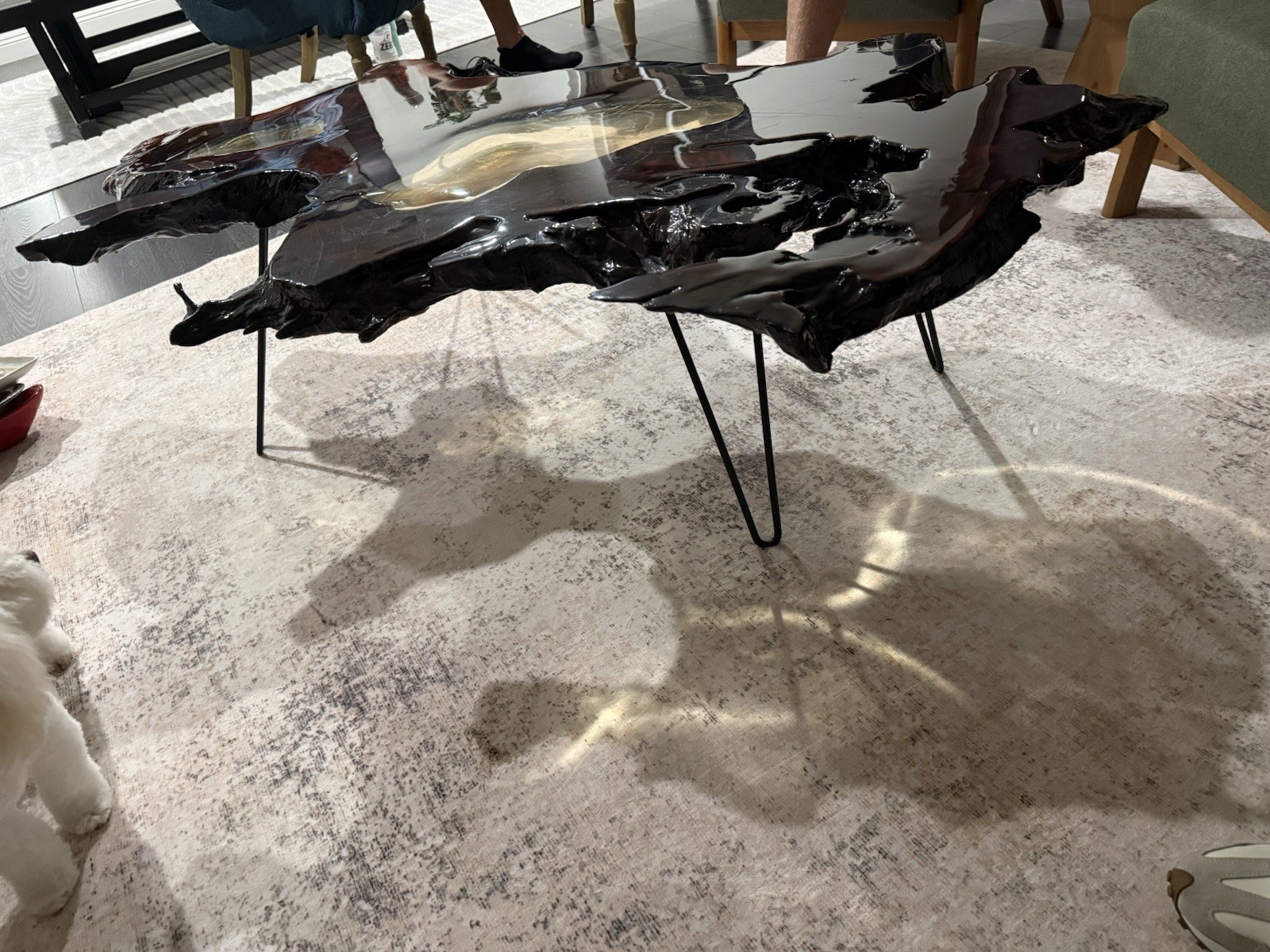 Live Edge Dark Wood & Resin Coffee Table, Free Form, Hairpin Metal Legs