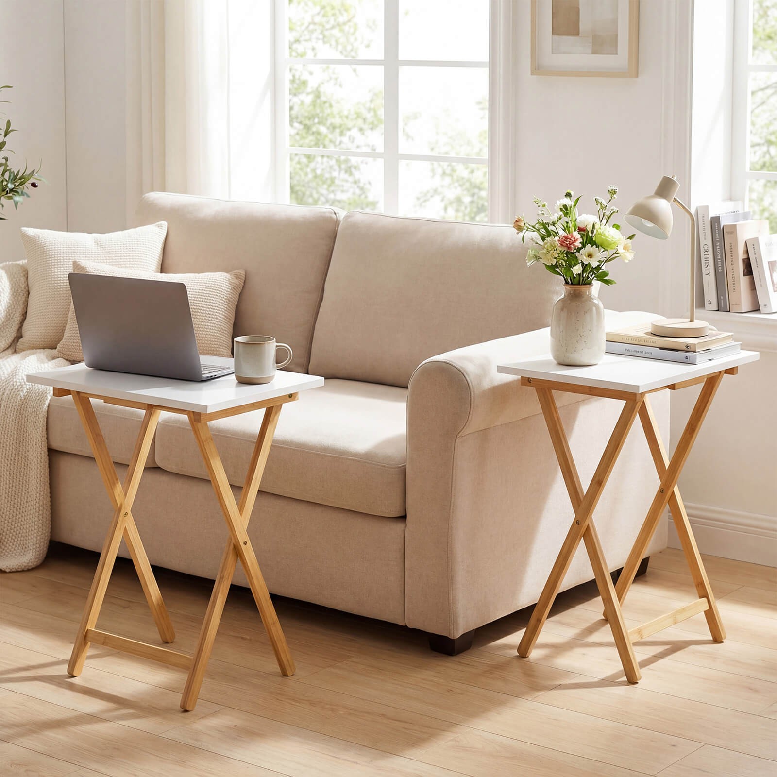 Folding TV Tray Tables Set of 2, Bamboo Snack Table for Small Spaces Bedroom