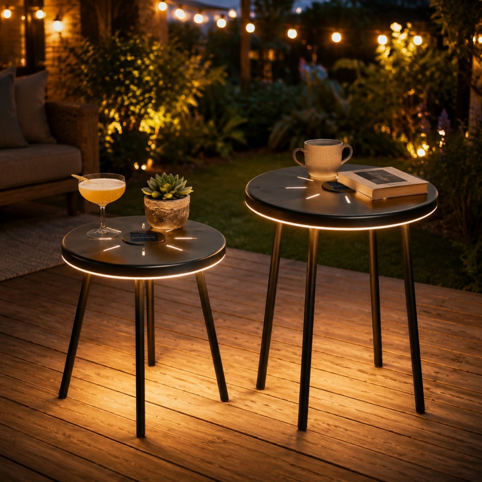 2-Pack Solar LED Round Table – Nesting Side End Table Set for Indoor/Outdoor Use