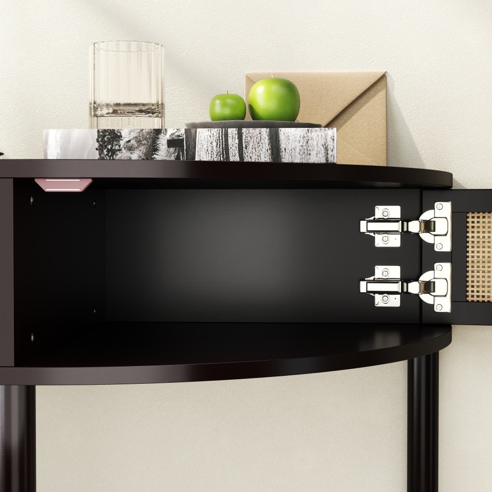 Unique Half Moon Design End Table with Sliding Rattan Door,Elegant Semi-circle