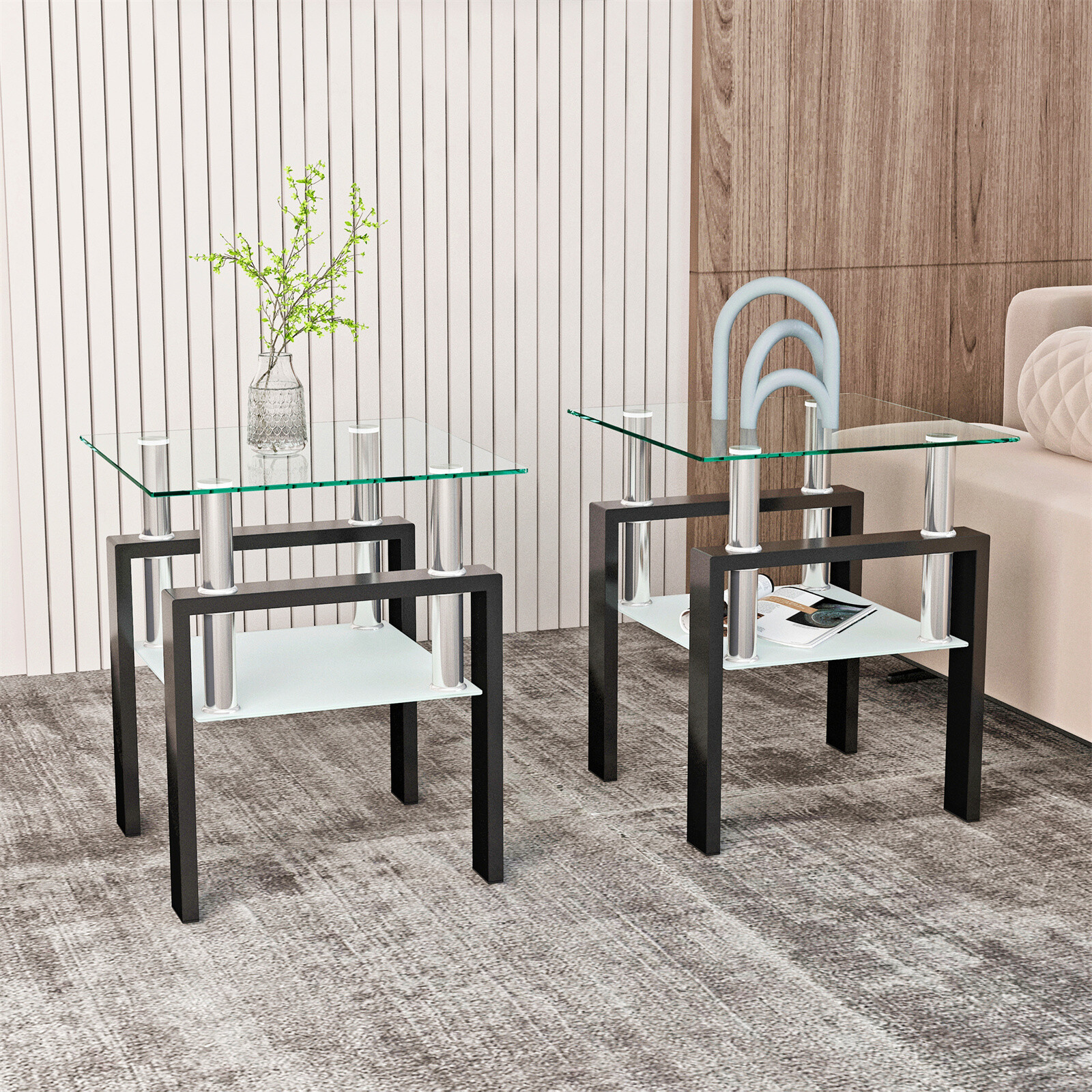 Modern Tempered Glass Set of 2 Coffee Table Tea Table Square Table End Table