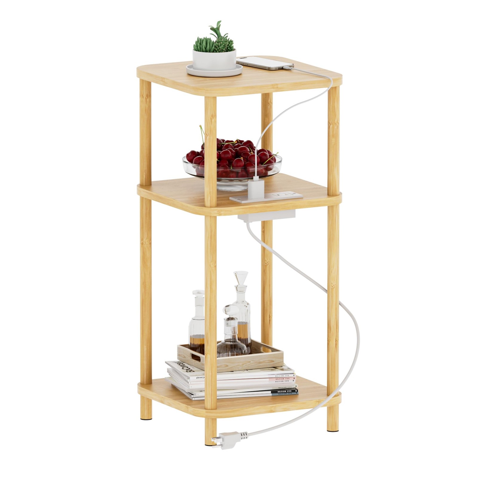 SANLUCE Bamboo End Table with Charging Station, Side Table for Small Space, S…