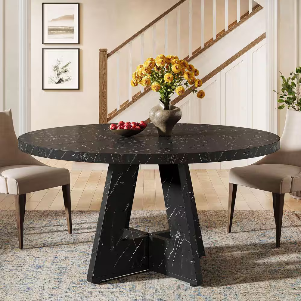 Roesler Modern Black Marble Pattern Wood 47 In. 4 Legs round Dining Table Small