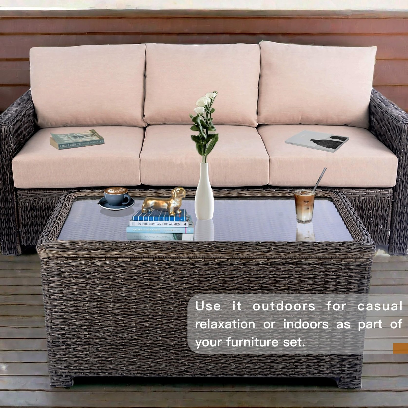 Classic Wicker Patio Coffee Table with Storage, 40” All-Weather Rattan Outdo…