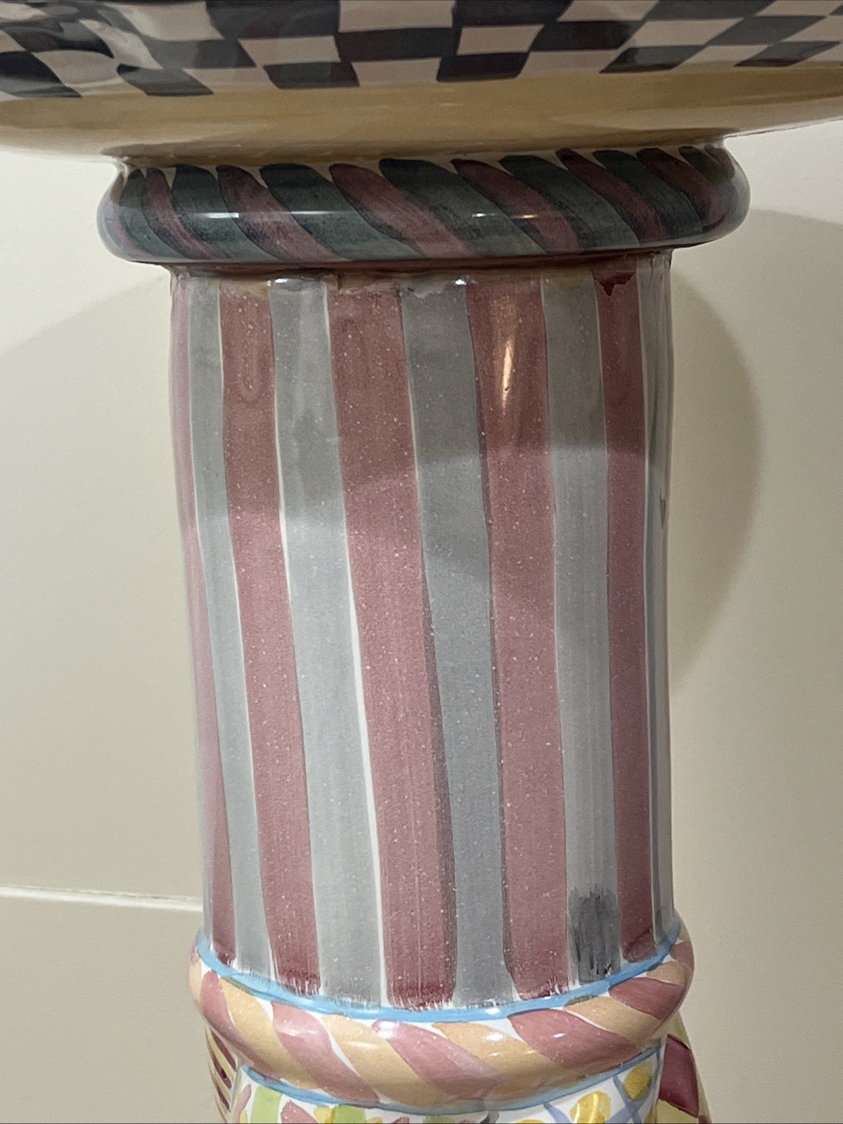 Mackenzie Childs Unique Round pedestal, Plant Stand, Side Table 33” Tall