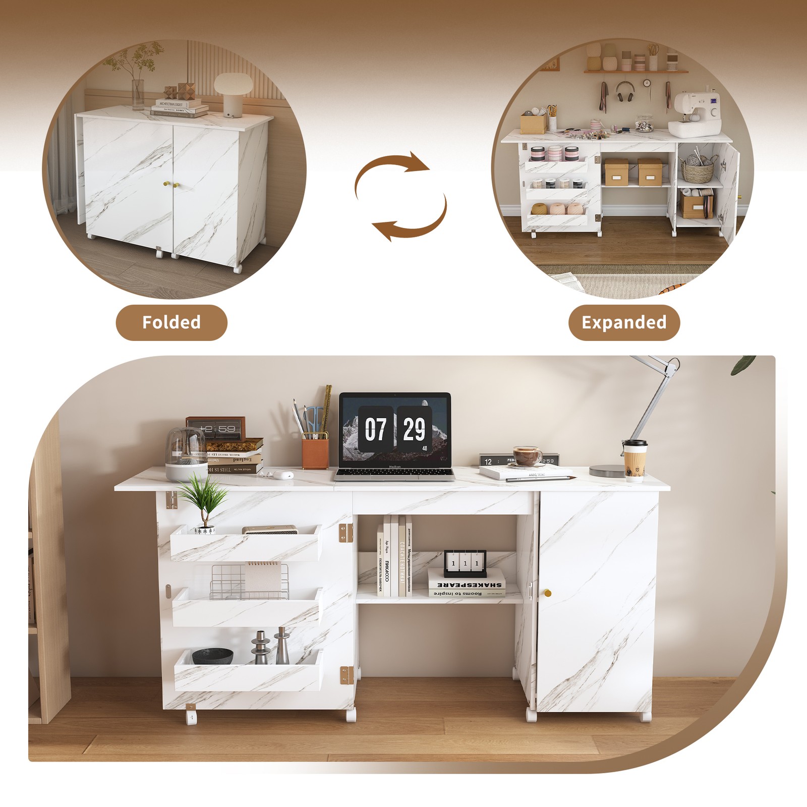 Foldable Sewing Machine Table with Locking Casters 57.5 in White