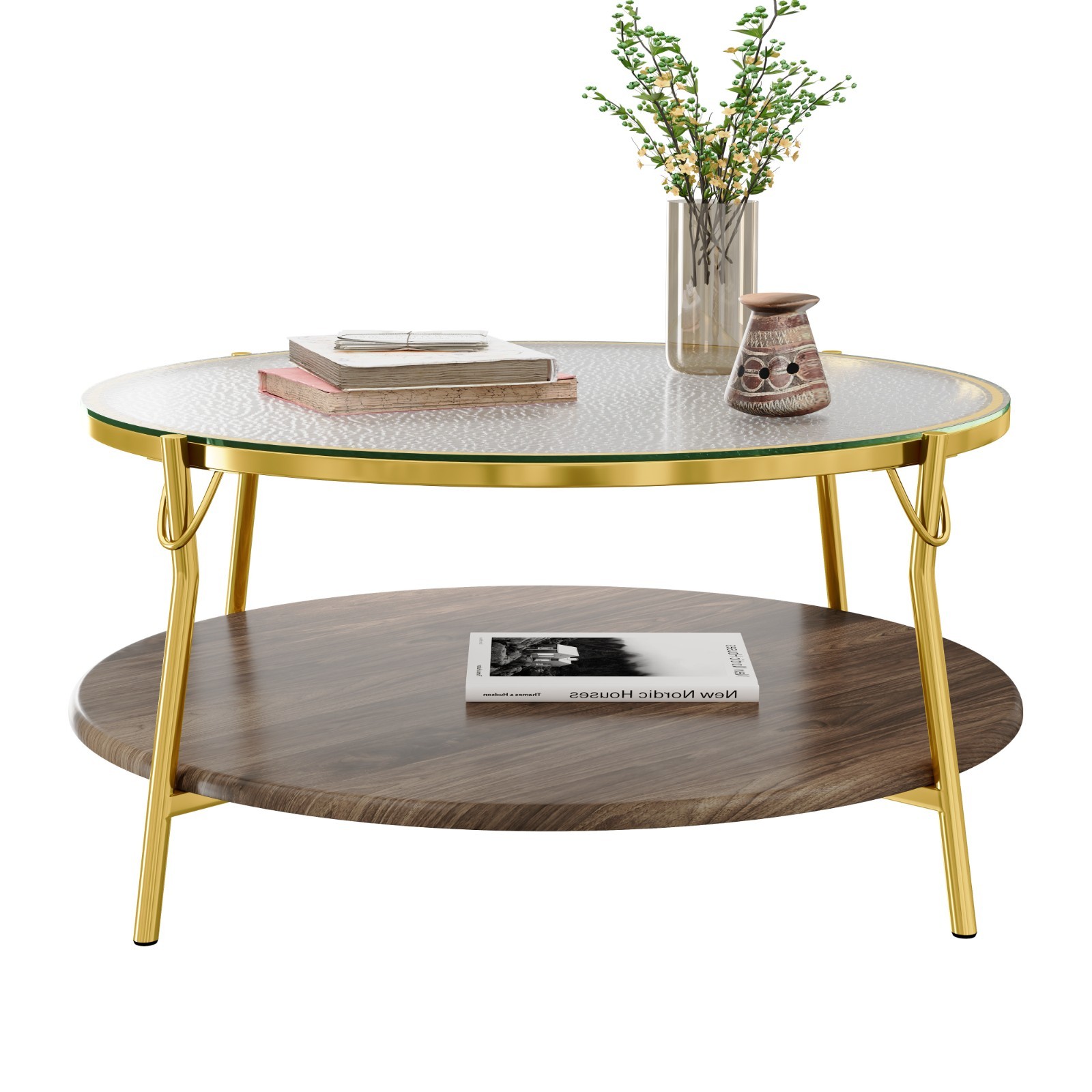 Modern Round Coffee Table Center Table w/ Tempered Glass Tabletop Gold Metal Leg