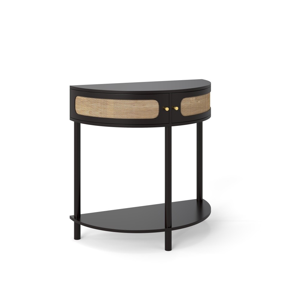 Unique Half Moon Design End Table with Sliding Rattan Door,Elegant Semi-circle