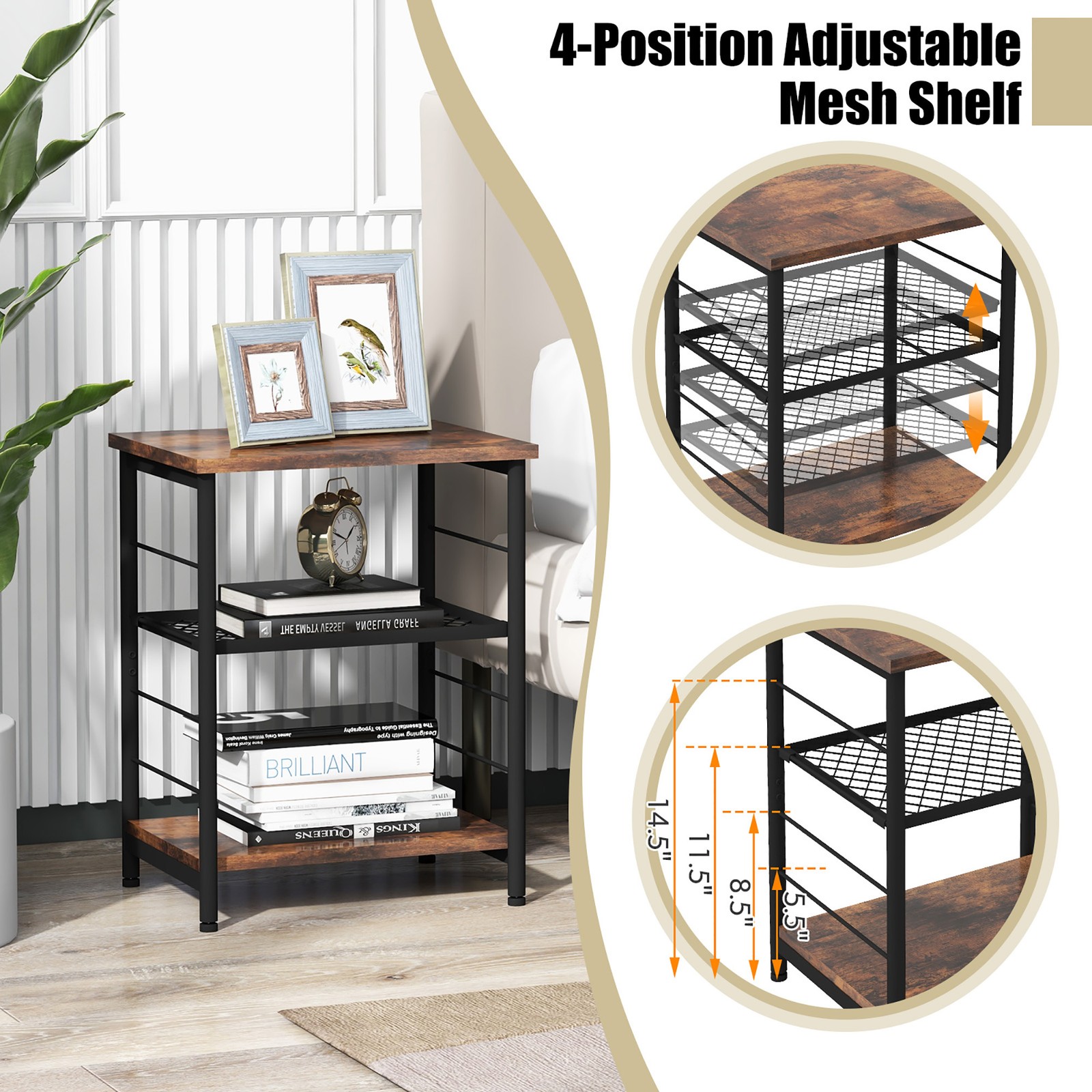 3-Tier Side Table Industrial End Table w/ Adjustable Height Metal Mesh Shelf
