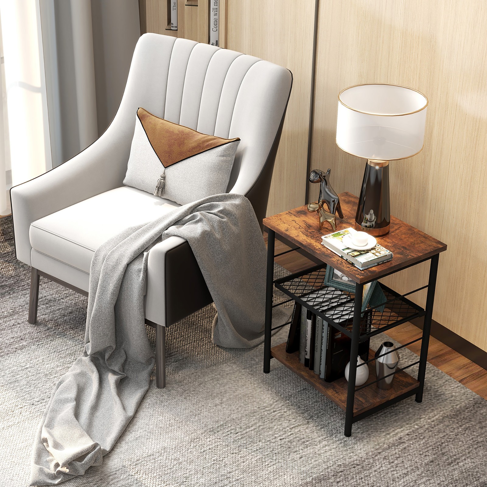 3-Tier Side Table Industrial End Table w/ Adjustable Height Metal Mesh Shelf