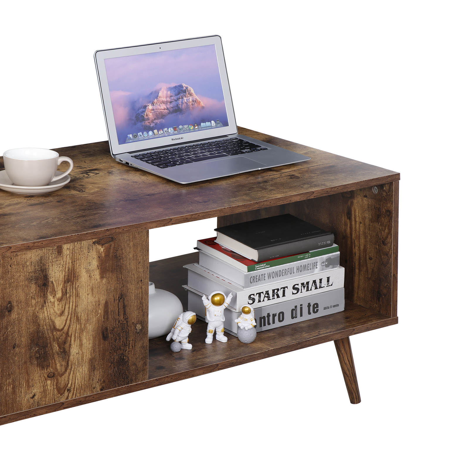 Retro Rectangular Coffee Tea Table Wooden Open Storage Shelf For Living Room