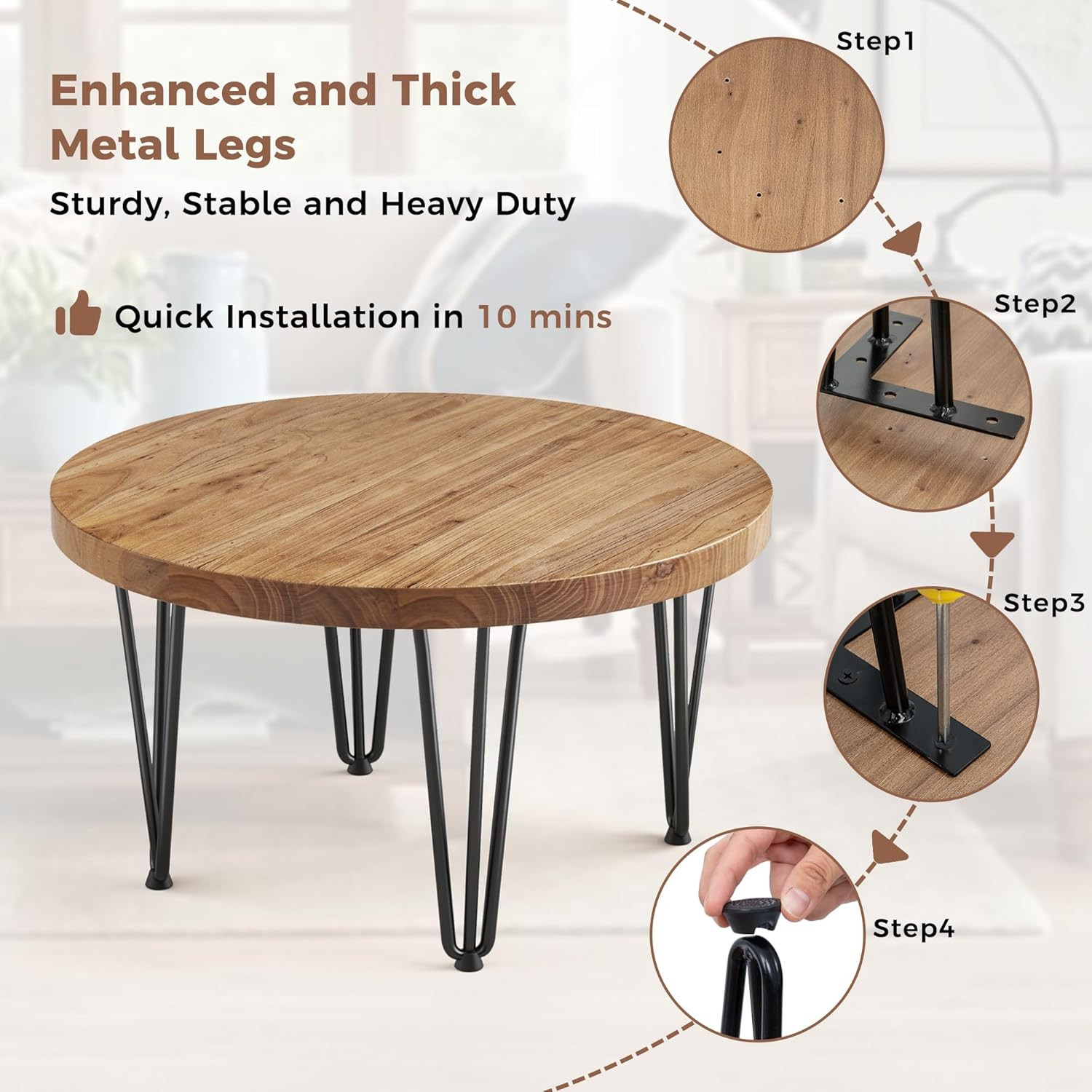 Rustic Round Coffee Table with Metal Legs – Solid Elm Wood, Farmhouse Style