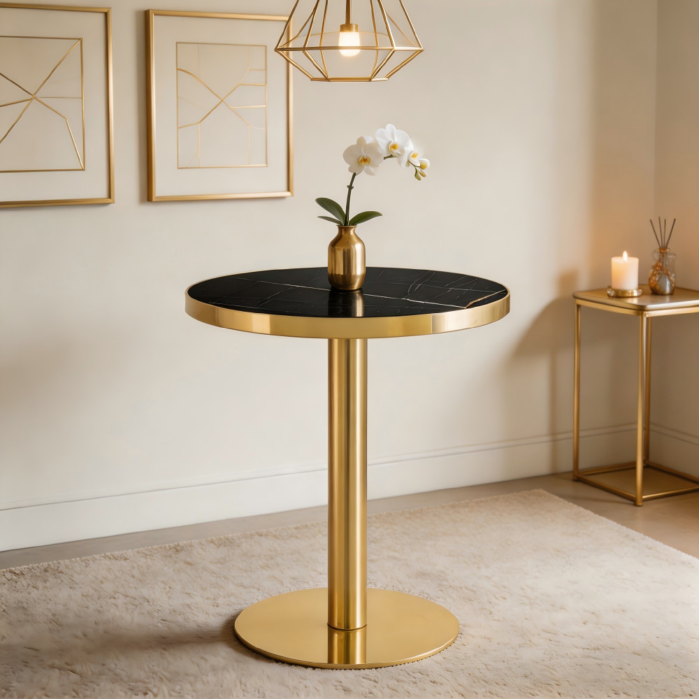 23.6″ Round Coffee Table, Marble Texture Top, Metal Legs, Modern Light Luxury
