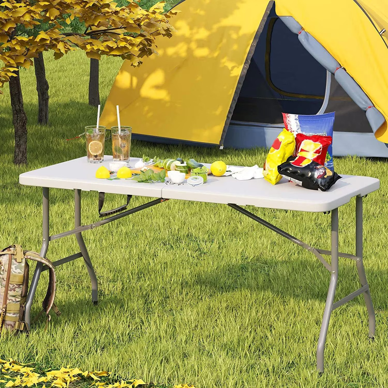 NEW! Leumius 6 Foot Folding Table, Fold-in-Half Plastic Table for Indoor Outdoor
