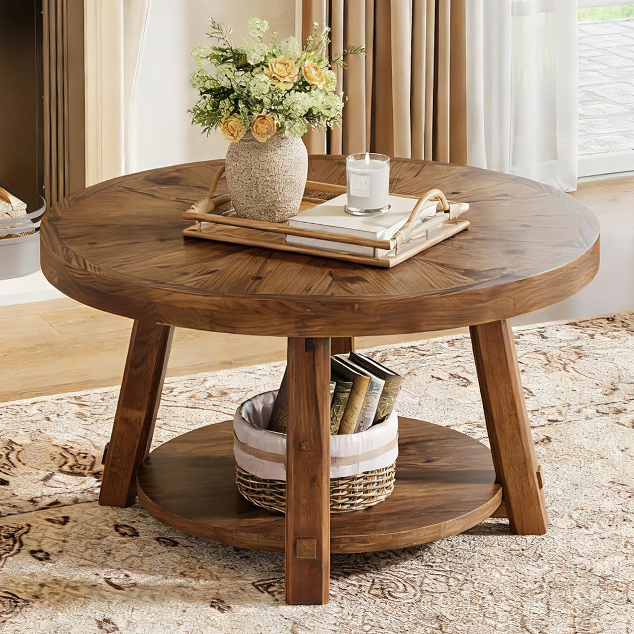 Solid Wood Round Coffee Table, 2-Tier Farmhouse Center Table for Living Room