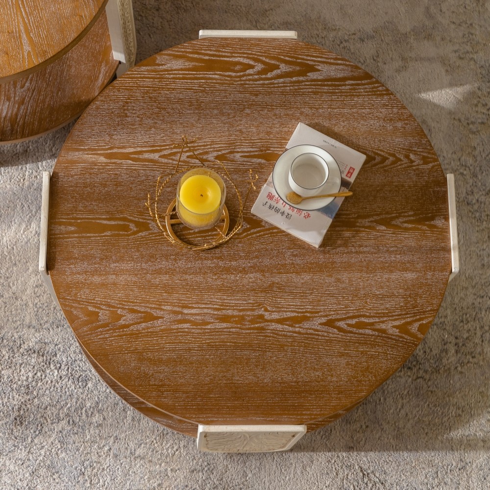Carved Wooden Coffee Table, Retro End Table with Double-Layer Storage