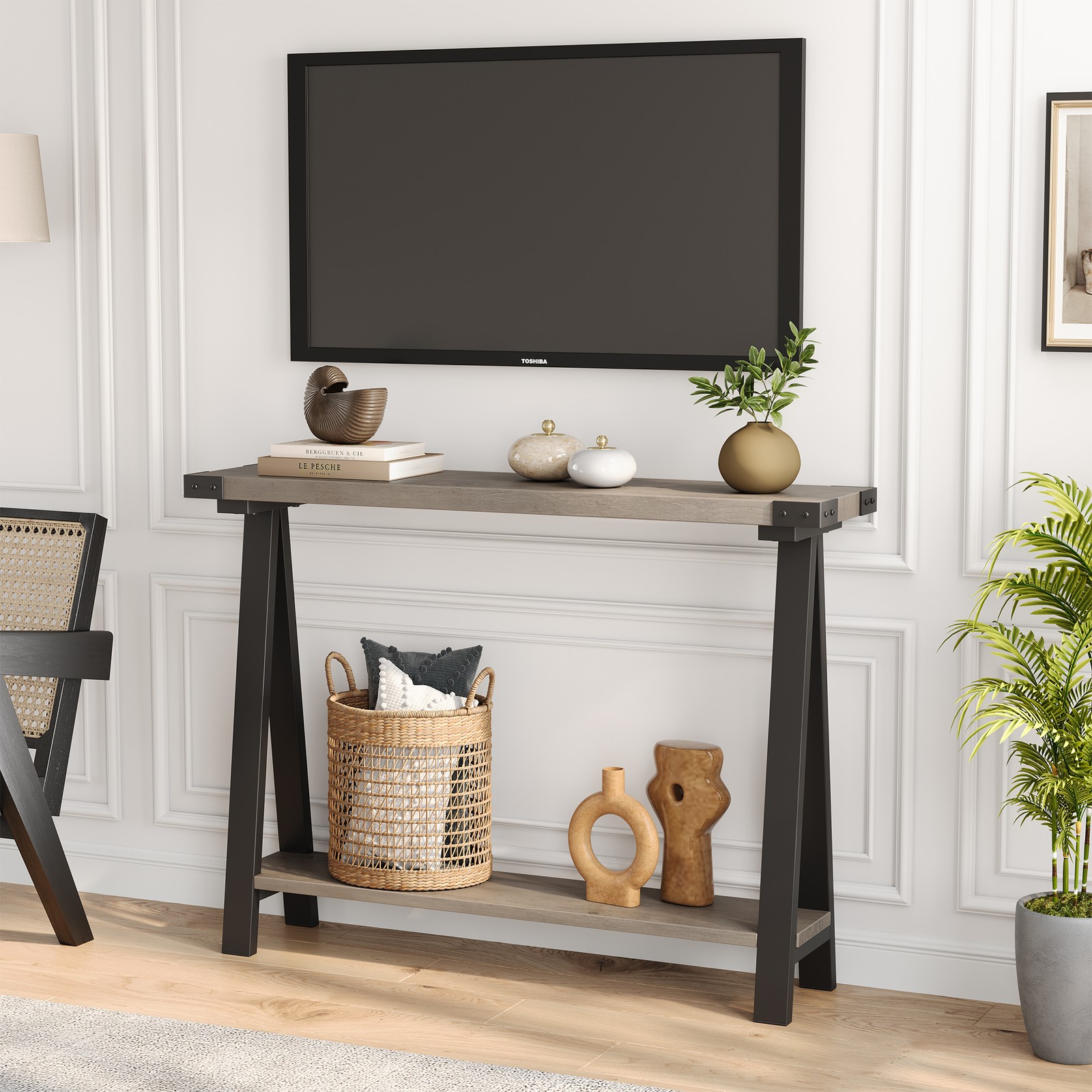 43.3-Inch Farmhouse Console Table, 2-Tier Wooden Entryway Table with Storage