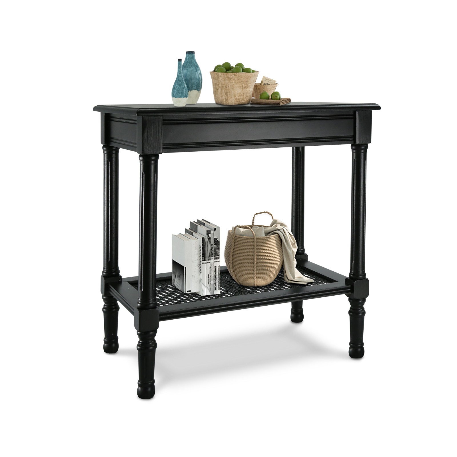 24″ Mid Century Side Table with Rattan Shelf, 2-Tier End Table for Small Space