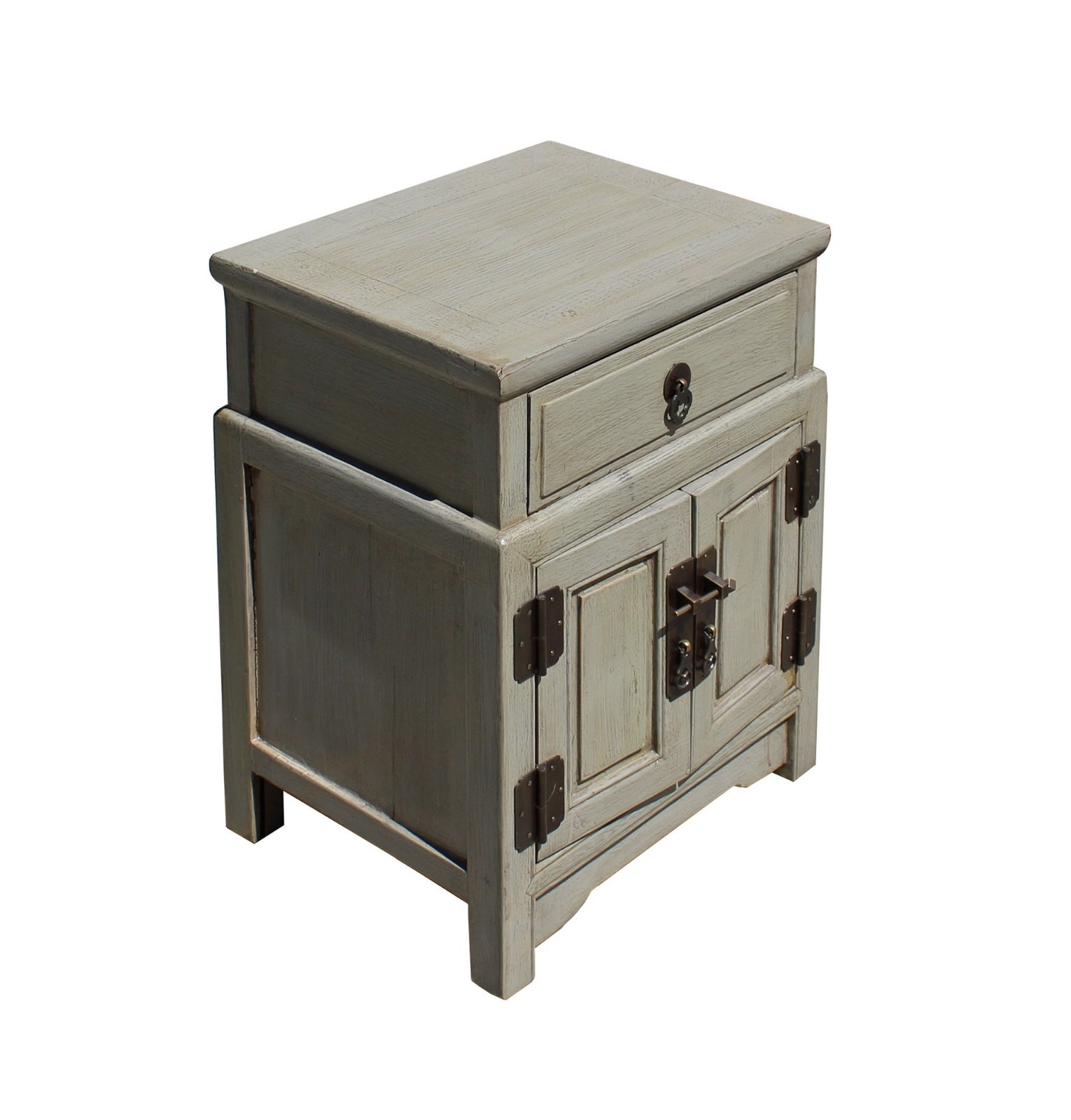 Chinese Distressed Light Gray Metal Hardware End Table Nightstand cs3917
