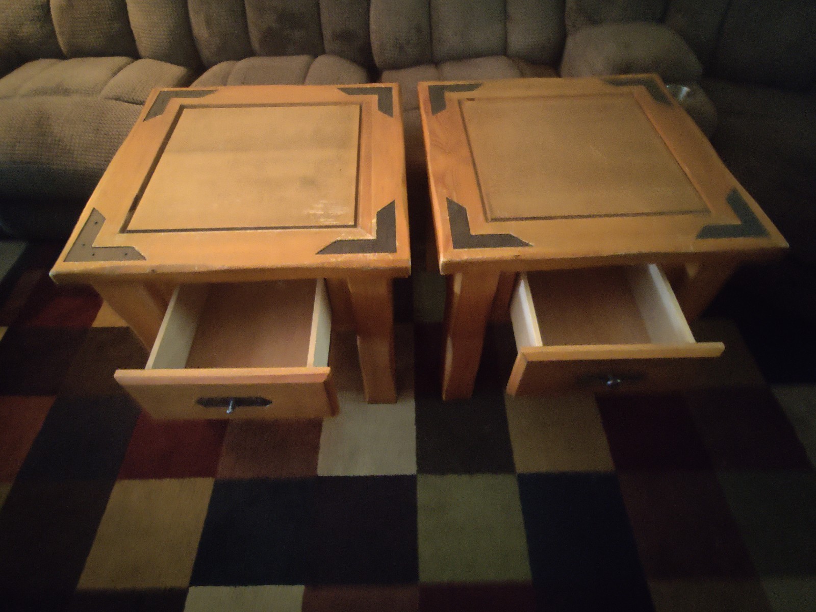 Pair Wood Square End/Side Tables, Brown Medium Wood Tone, 1 Drawer Each