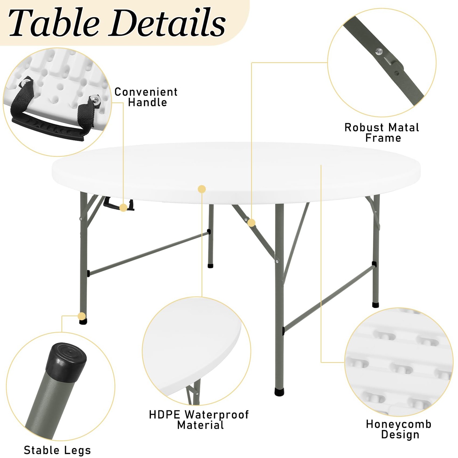 4FT Round Folding Table White Fold-in-Half with Carrying Handle Portable Plas…