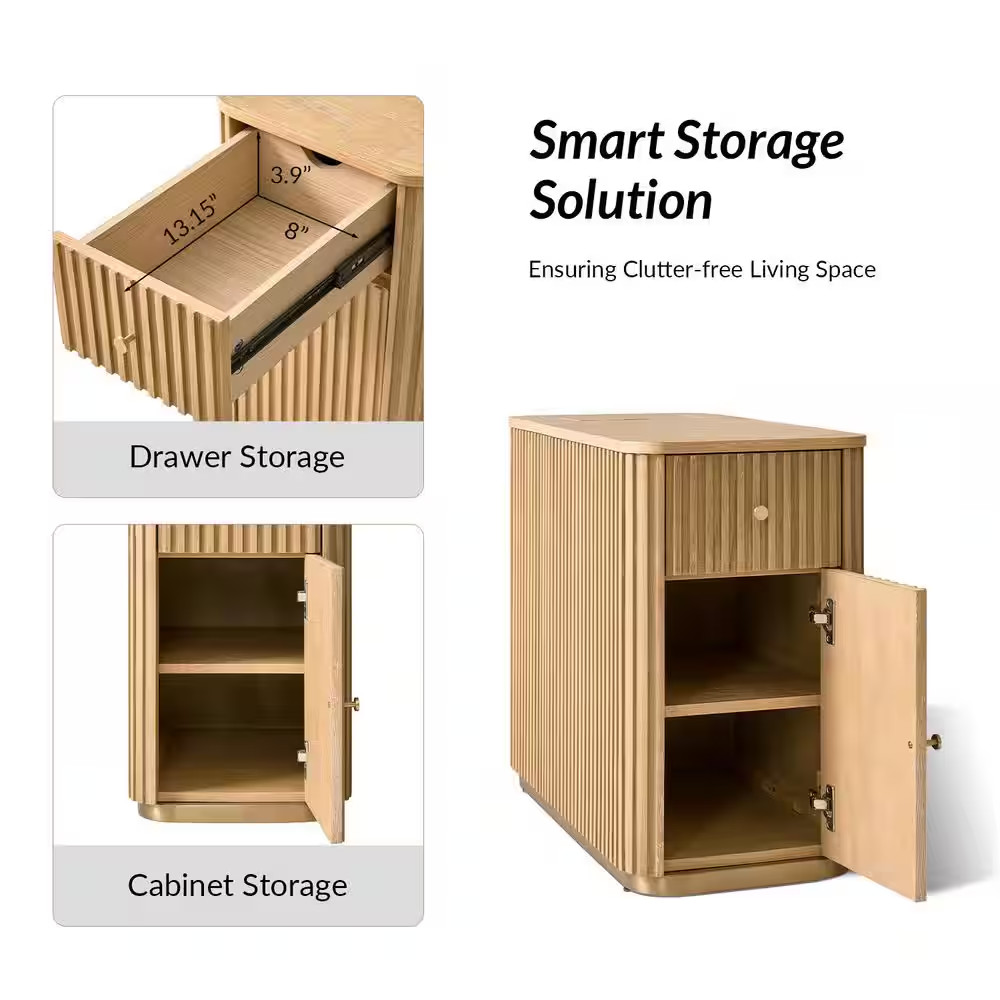 Ines 30 In. Natural Rectangle Wood End Table with Built-In Charging Station