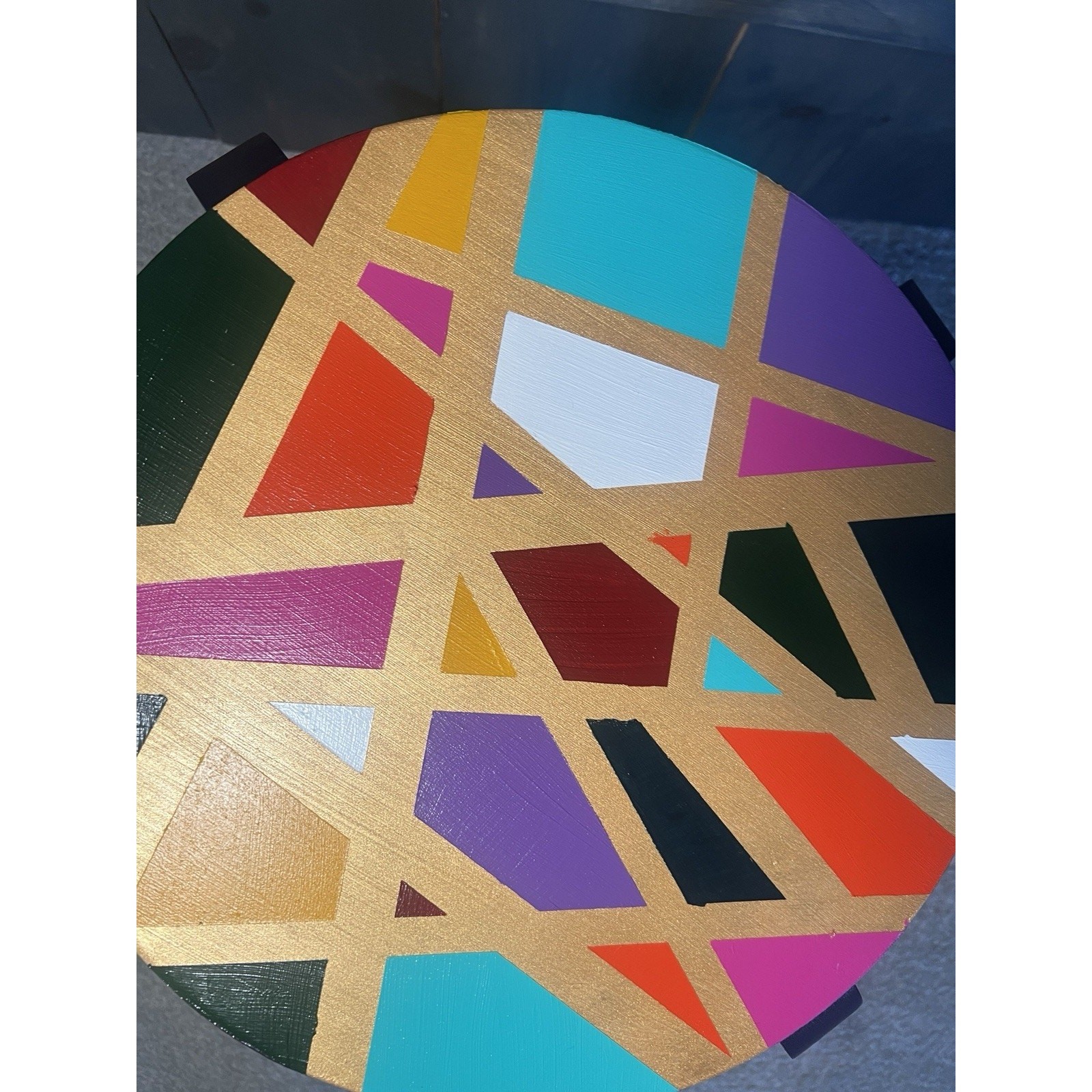 Hand-Painted Side Table Unique Colorful Navy Blue Legs Gold Geometric Boho