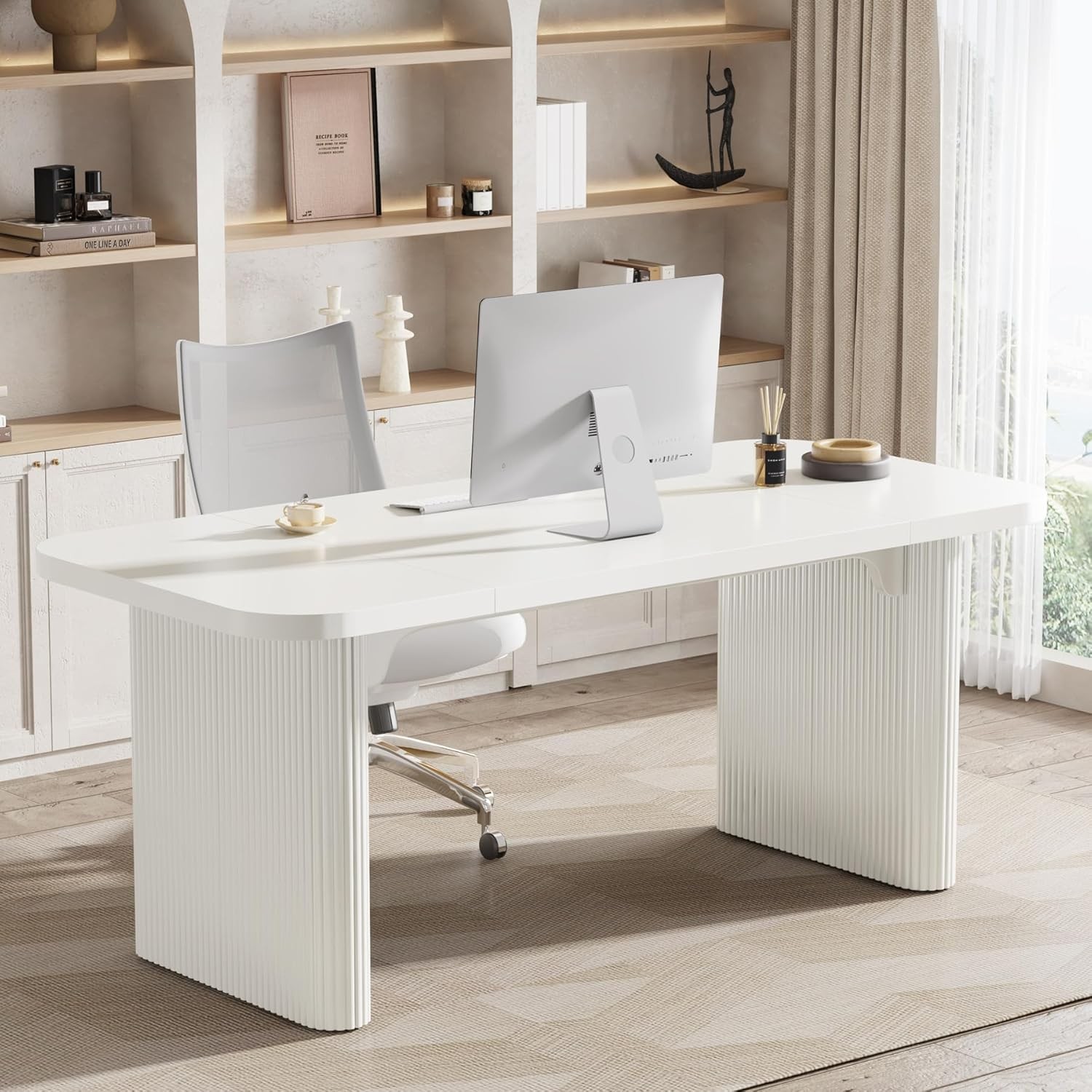 62-Inch Modern Executive Desk, Wood Office Desk, Large Aesthetic Computer Desk