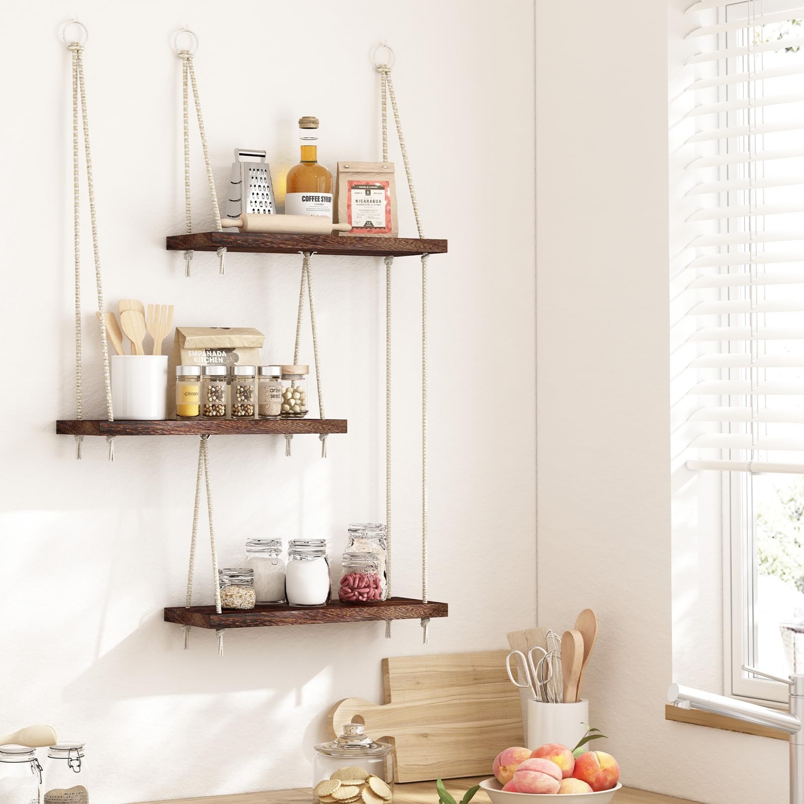Fixwal Hanging Shelves for Wall, 3 Tier Boho 15.8×5.9×34.8 inches, Dark Brown