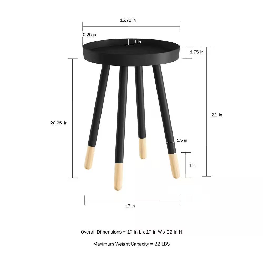 Black 17 In. round End Table, Wooden Mid-Century Modern Stand with Tray Top to D