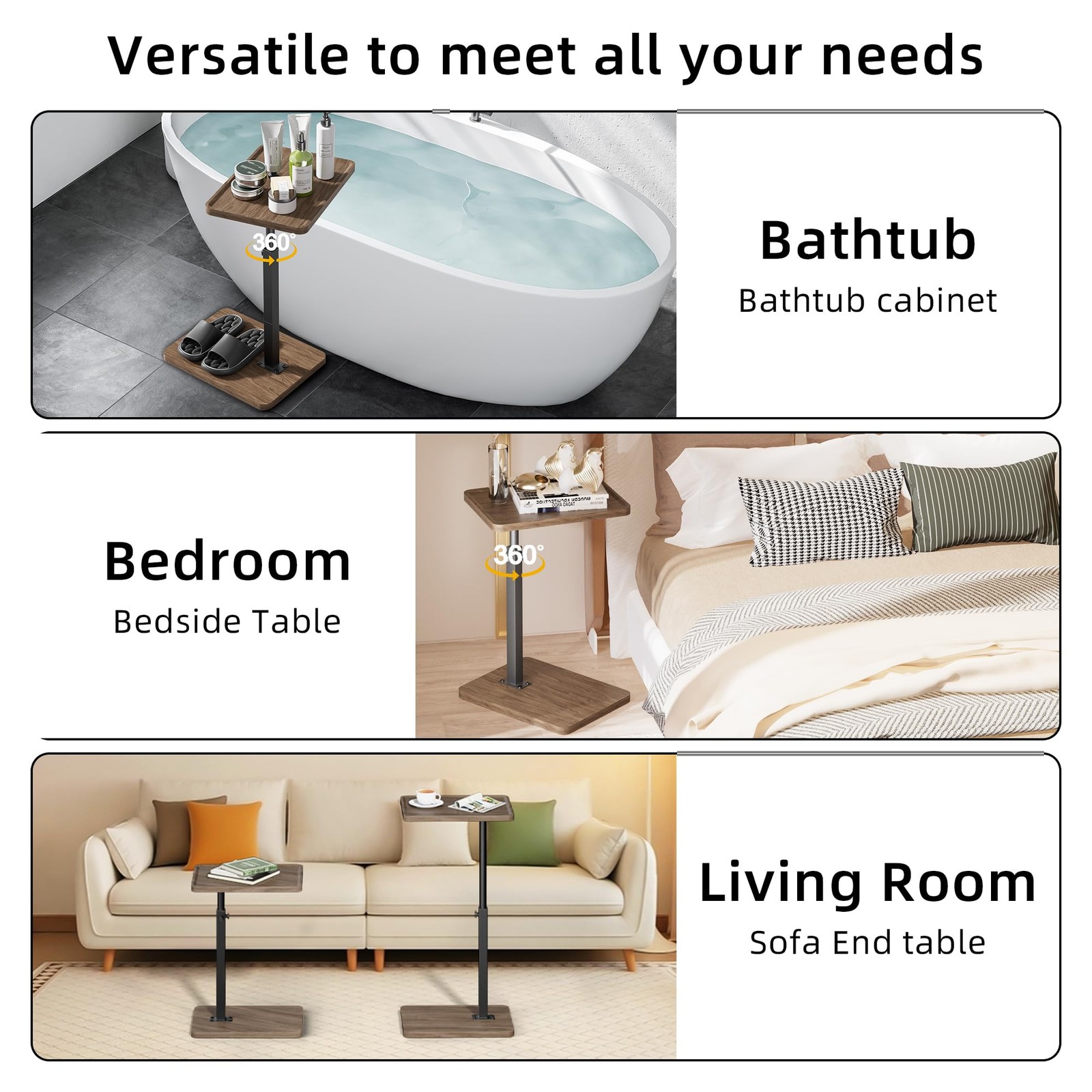 Adjustable Height C Table End Table 360 Swivel Sofa Tray Rustic Brown Home