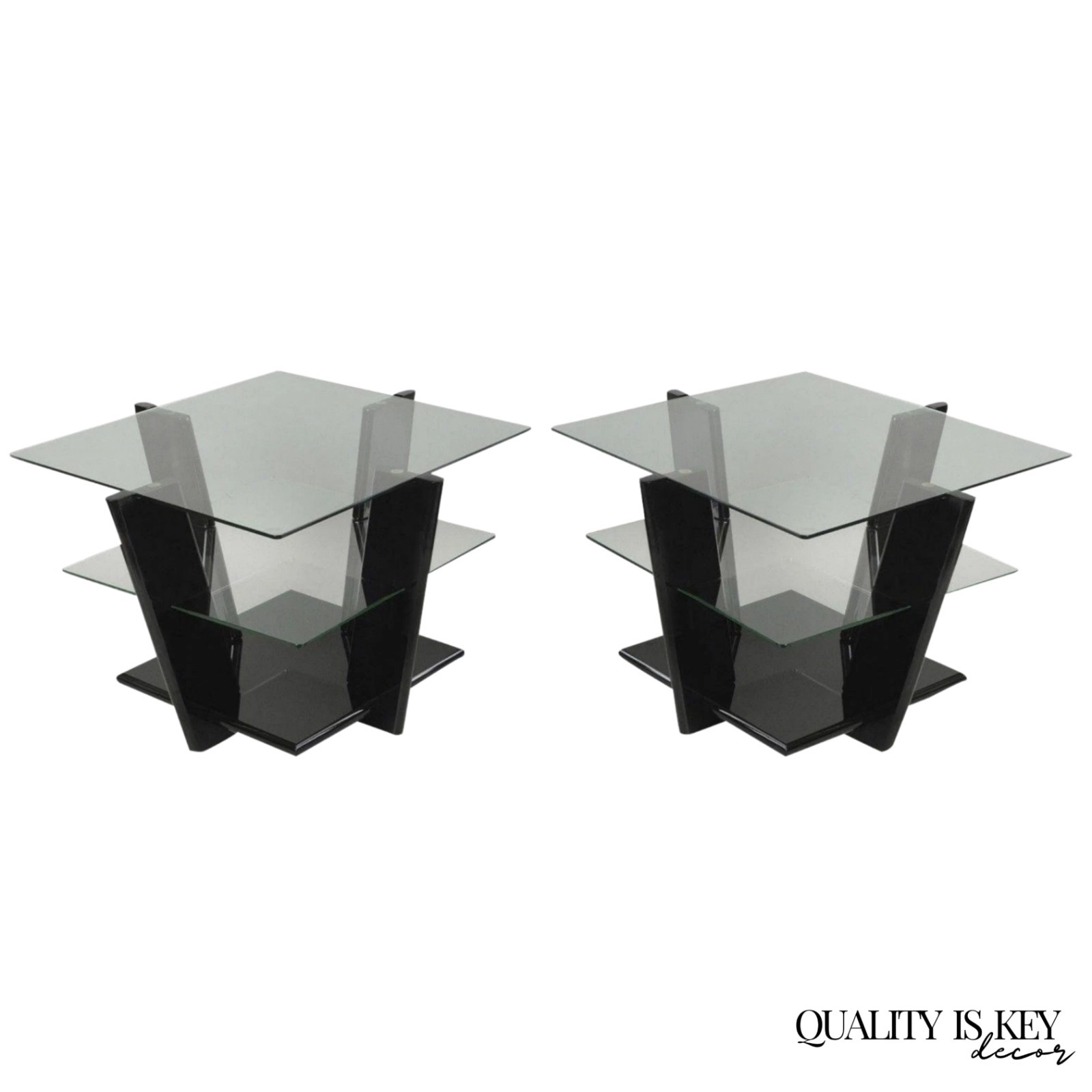 Contemporary Modern Black Lacquer & Glass 3 Tier Space Age End Tables – a Pair