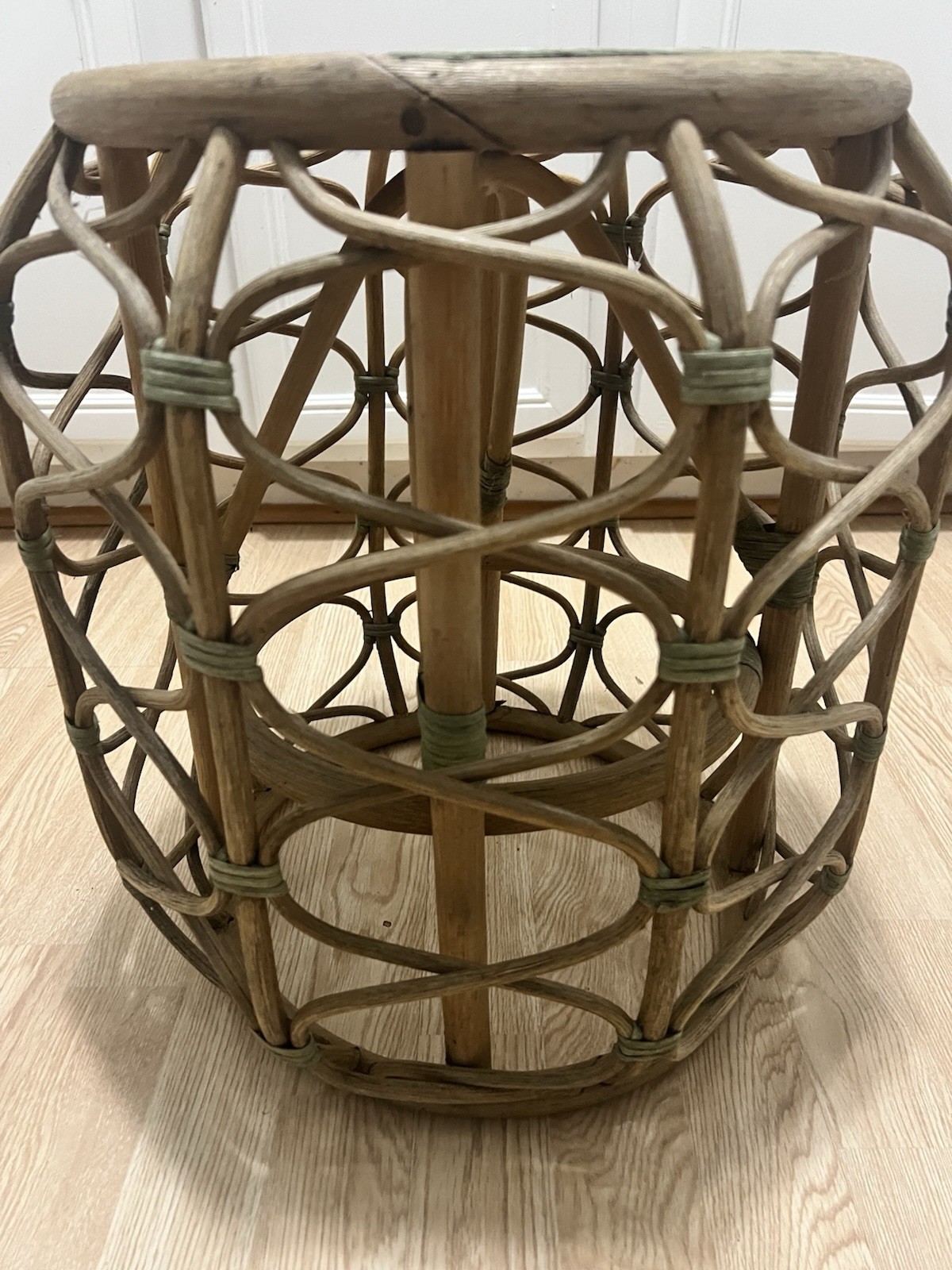 Vintage Rattan Bamboo Side Table Plant Stand Coiled Top Accent Boho Chic MCM