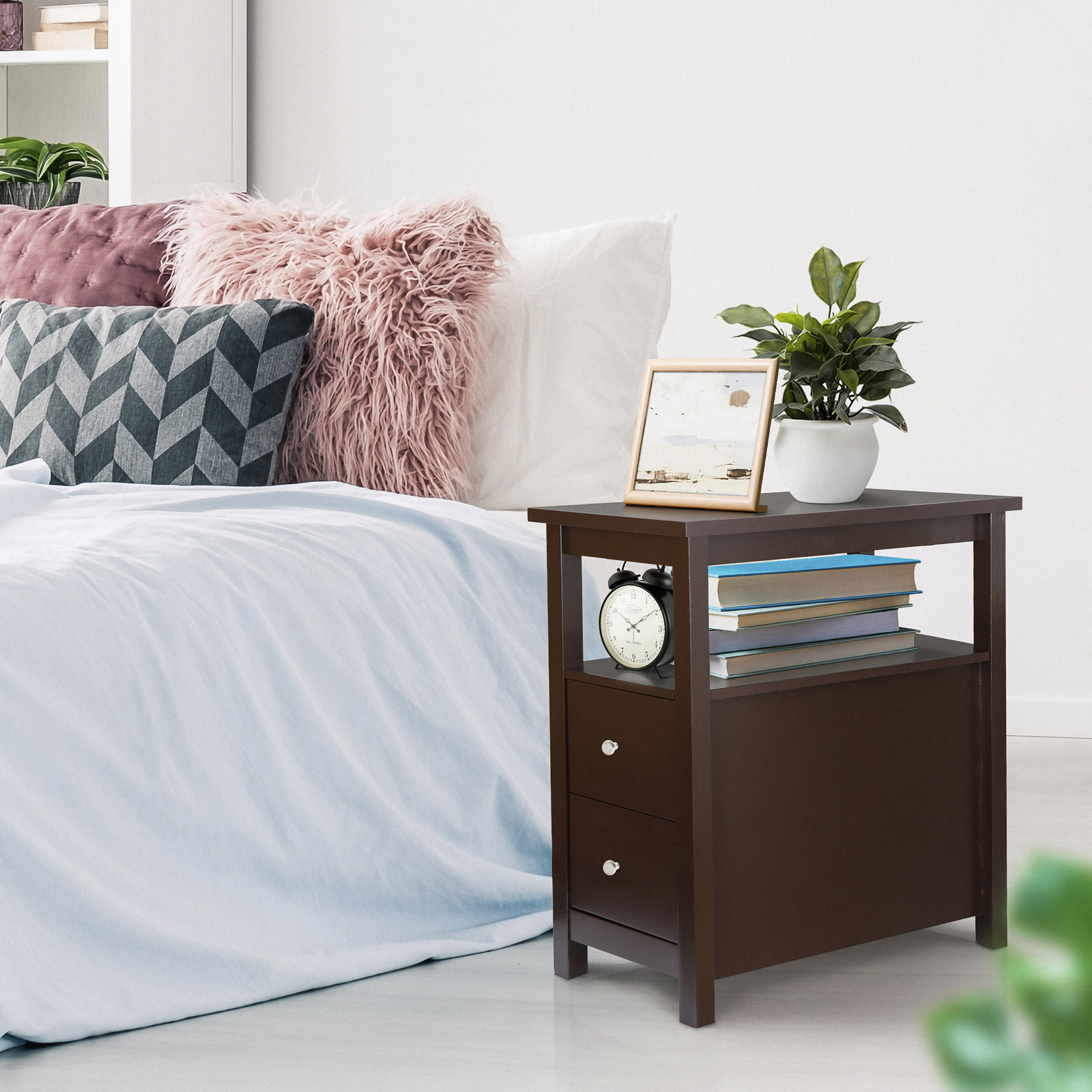 Chairside End Table with 2 Drawer and Shelf Narrow Side Table Home Decor Storage