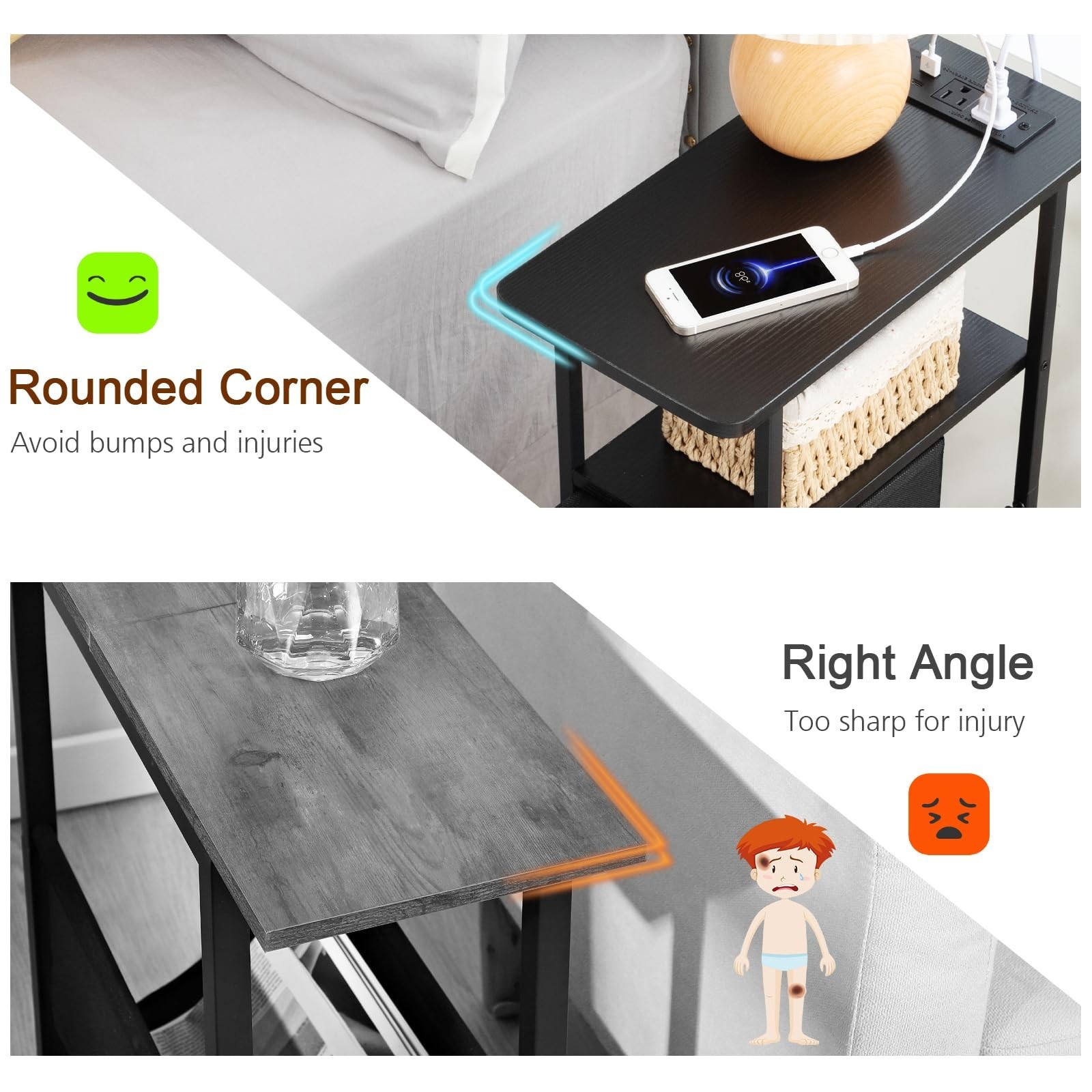 Slim Narrow End Table with Charging Station, Fabric Drawers, Small Space Nightst