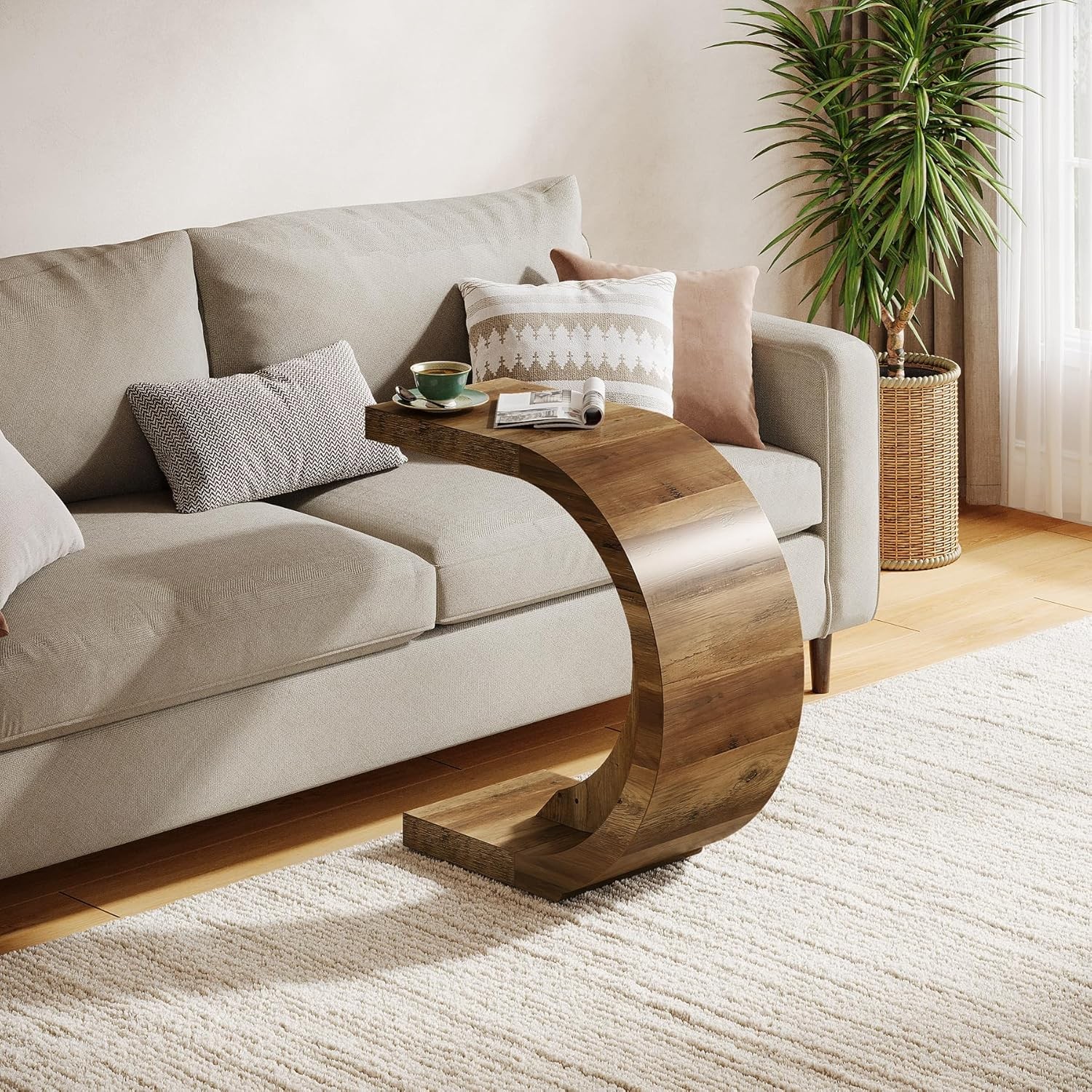 C-Shaped End Table Set of 2, Side Table for Couch Sofa Living Room Bedroom,Brown