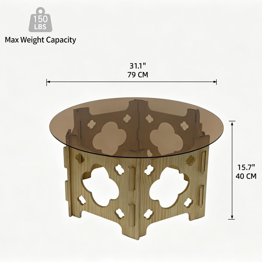 Round Tempered Glass Coffee Table, Caramel Tabletop with Floral Hollow Wood Base